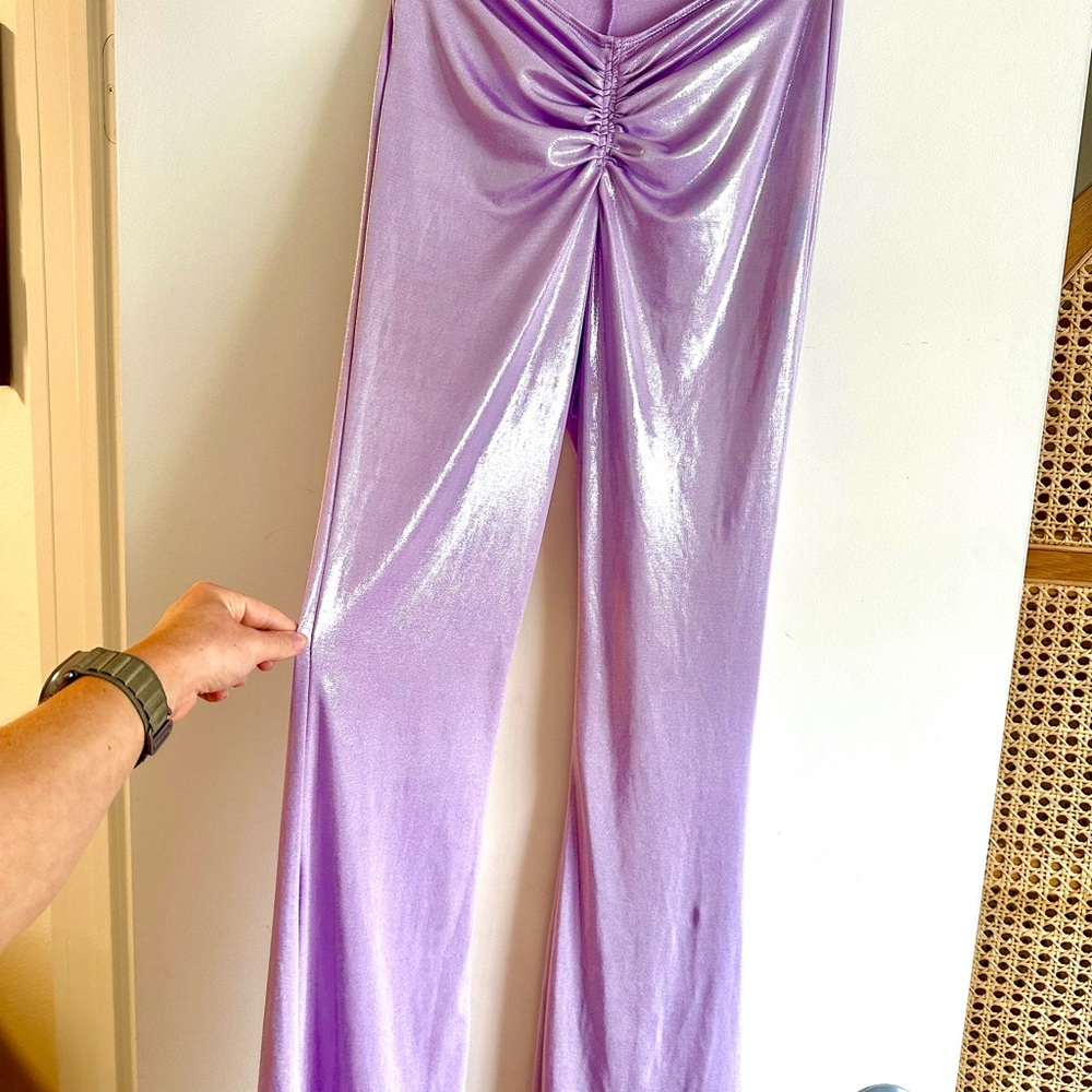 Ladies Metallic Disco Pants Rave Festival Purple Shiny Glitter Trousers